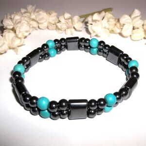 Stretch Bracelet Dark Grey Hematite and Turquoise Blue Woman Jewelry Bead D143